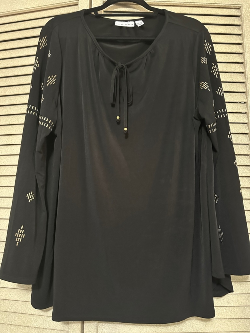 Susan Graver Black Long-Sleeve Tie-Neck Tunic with Cutout Sleeve Detail